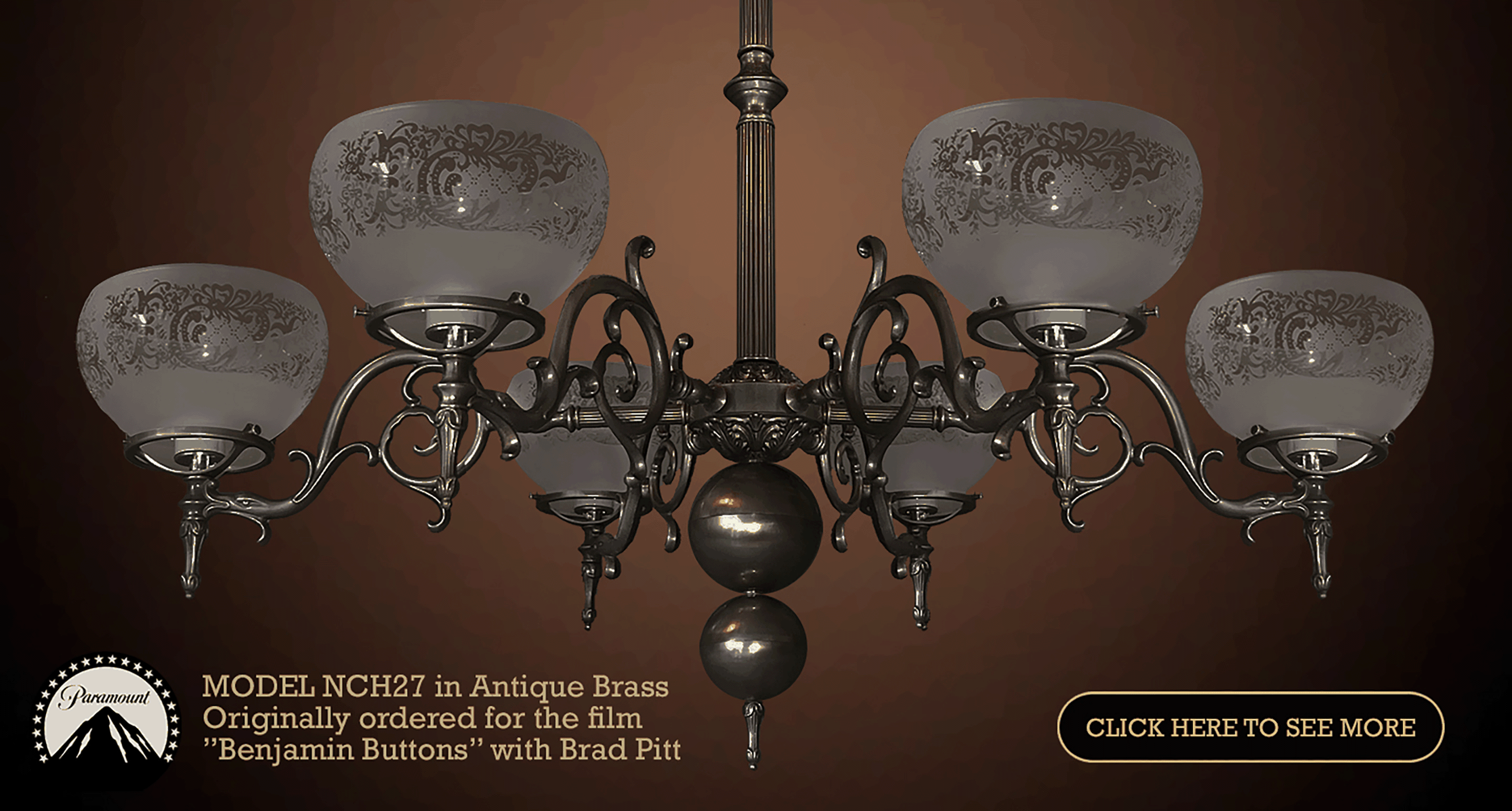 CLC Chandelier Model NCH27 is one of our most popular antique lighting fixtures, originally ordered by Paramount Pictures for their feature film "The Curious Case of Benjamin Button" with Brad Pitt